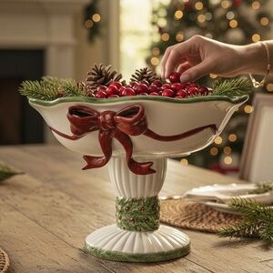 Noble Excellence Holly Bells Holiday Ceramic Centerpiece Compote Dish